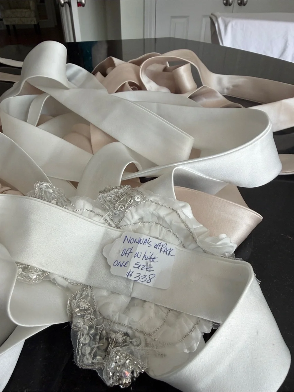 Satin Floral Crystal Bridal Sash Belt - White and Blush